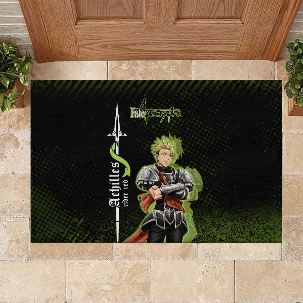 Achilles Fate Apocrypha Theme Rubber Doormat with Spear Pose and Green Black Grunge Graphic Design - The Mazicc