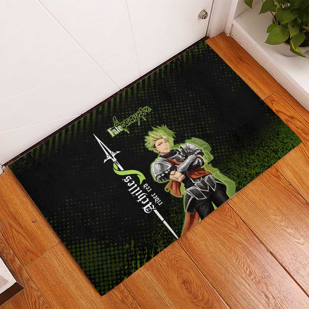 Achilles Fate Apocrypha Theme Rubber Doormat with Spear Pose and Green Black Grunge Graphic Design - The Mazicc