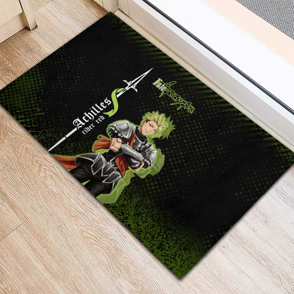 Achilles Fate Apocrypha Theme Rubber Doormat with Spear Pose and Green Black Grunge Graphic Design - The Mazicc