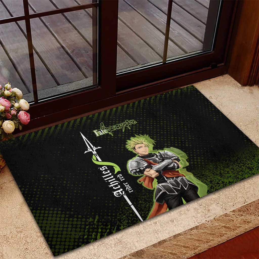 Achilles Fate Apocrypha Theme Rubber Doormat with Spear Pose and Green Black Grunge Graphic Design - The Mazicc