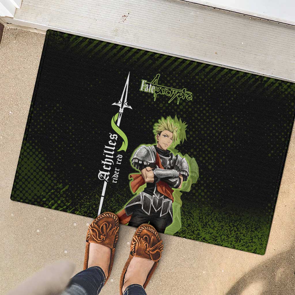 Achilles Fate Apocrypha Theme Rubber Doormat with Spear Pose and Green Black Grunge Graphic Design - The Mazicc
