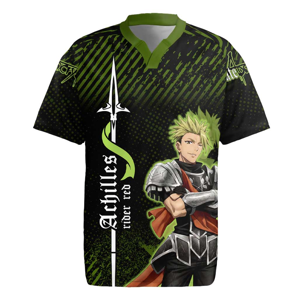 Achilles Fate Apocrypha Theme Rugby Jersey with Spear Pose and Green Black Grunge Graphic Design - The Mazicc