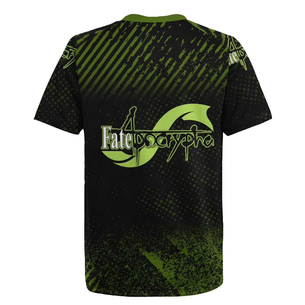 Achilles Fate Apocrypha Theme Rugby Jersey with Spear Pose and Green Black Grunge Graphic Design - The Mazicc