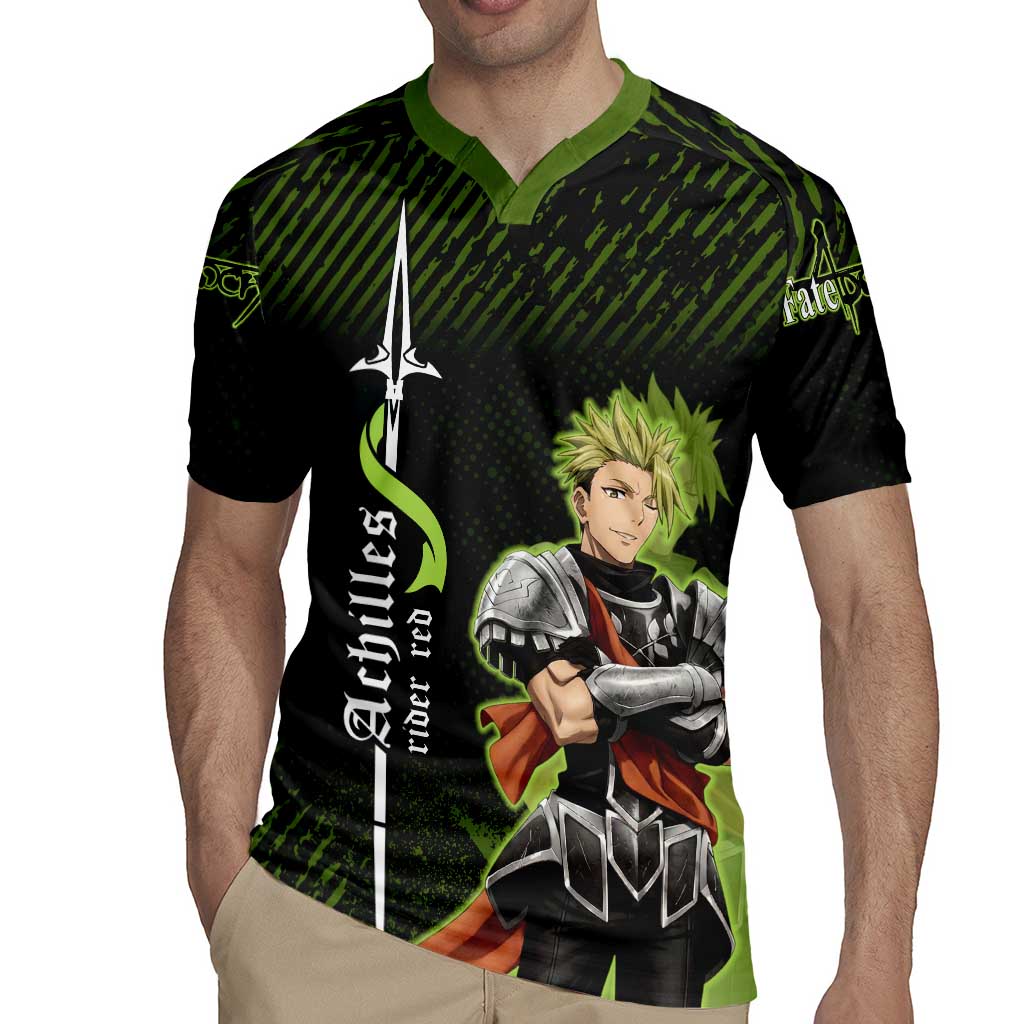 Achilles Fate Apocrypha Theme Rugby Jersey with Spear Pose and Green Black Grunge Graphic Design - The Mazicc