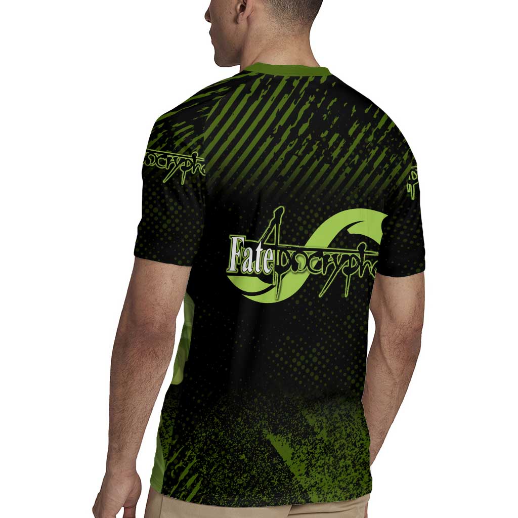 Achilles Fate Apocrypha Theme Rugby Jersey with Spear Pose and Green Black Grunge Graphic Design - The Mazicc
