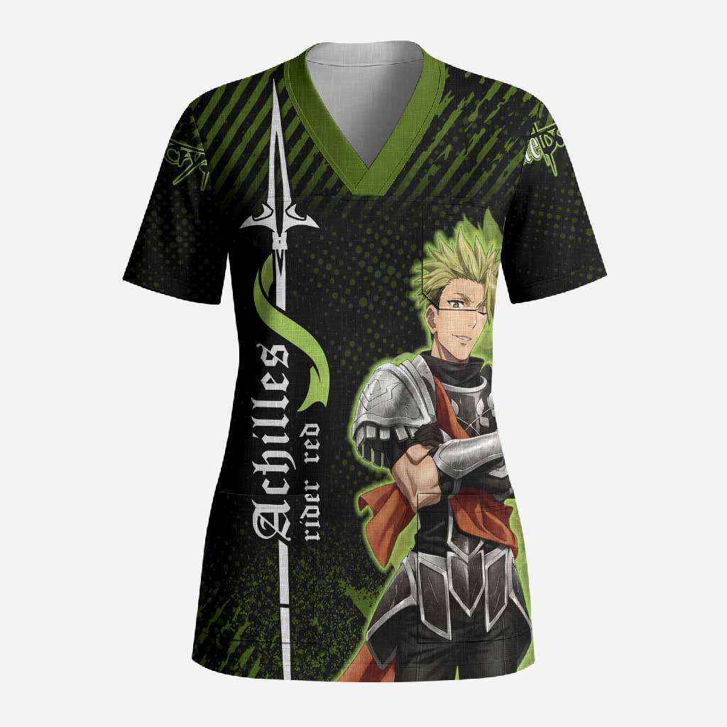 Achilles Fate Apocrypha Theme Scrub Top with Spear Pose and Green Black Grunge Graphic Design - The Mazicc