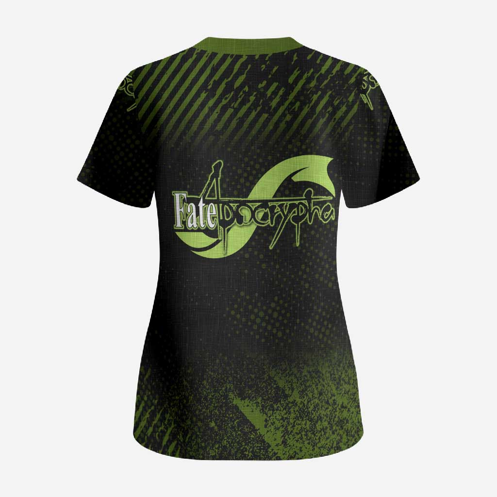Achilles Fate Apocrypha Theme Scrub Top with Spear Pose and Green Black Grunge Graphic Design - The Mazicc