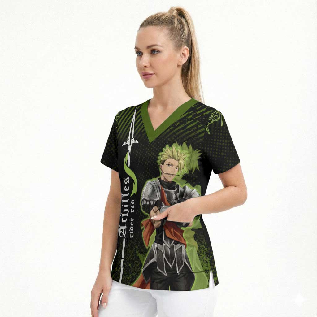 Achilles Fate Apocrypha Theme Scrub Top with Spear Pose and Green Black Grunge Graphic Design - The Mazicc