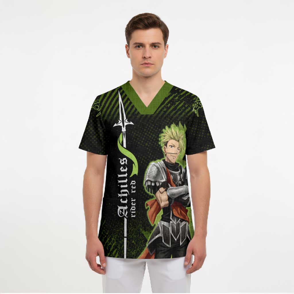 Achilles Fate Apocrypha Theme Scrub Top with Spear Pose and Green Black Grunge Graphic Design - The Mazicc