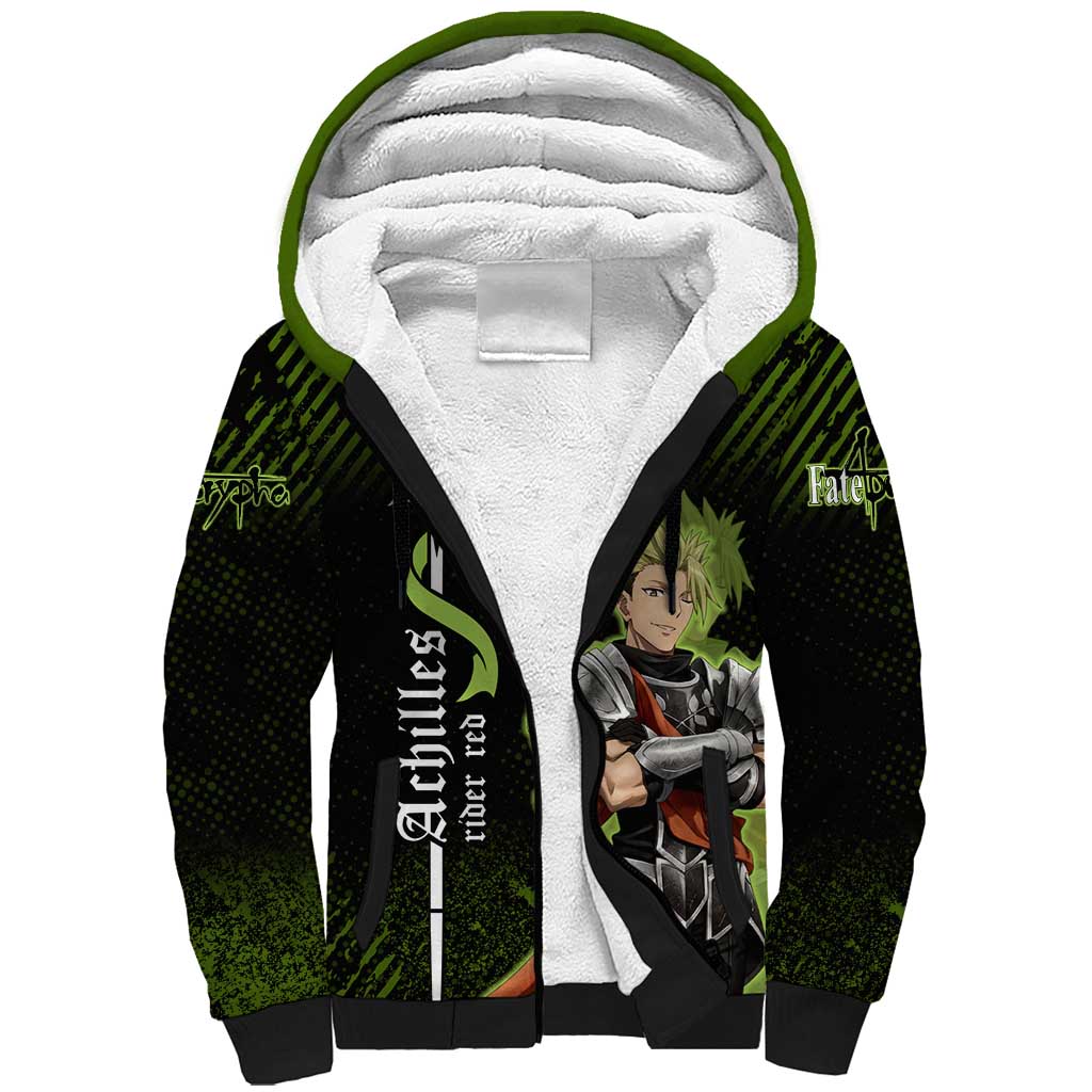 Achilles Fate Apocrypha Theme Sherpa Hoodie with Spear Pose and Green Black Grunge Graphic Design - The Mazicc