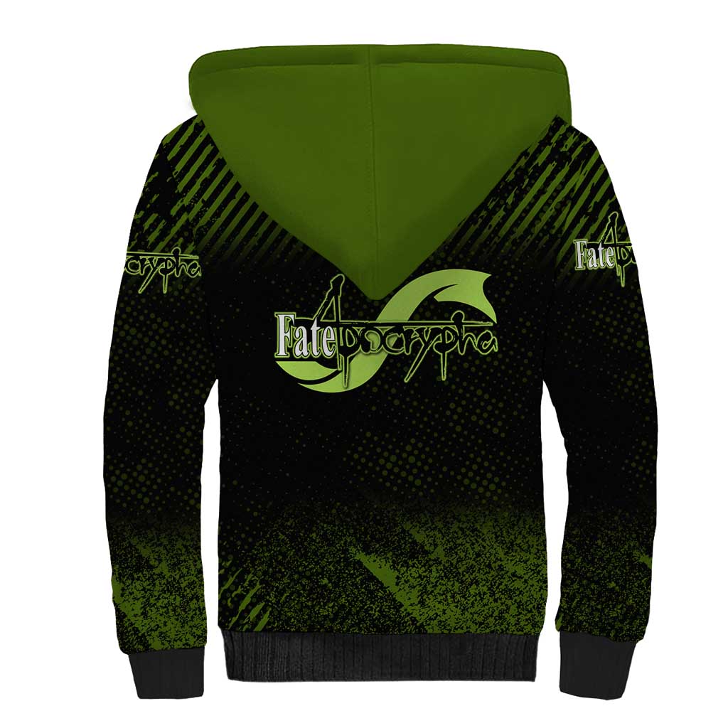 Achilles Fate Apocrypha Theme Sherpa Hoodie with Spear Pose and Green Black Grunge Graphic Design - The Mazicc