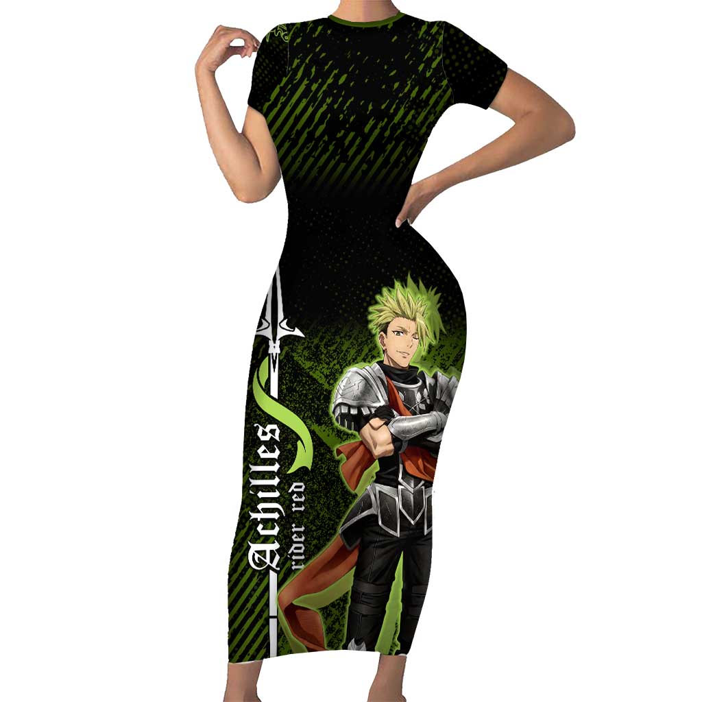 Achilles Fate Apocrypha Theme Short Sleeve Bodycon Dress with Spear Pose and Green Black Grunge Graphic Design - The Mazicc