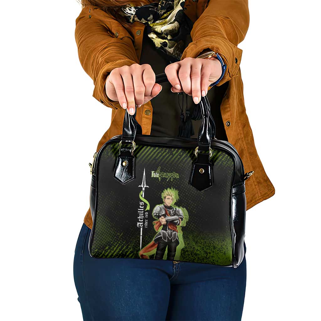 Achilles Fate Apocrypha Theme Shoulder Handbag with Spear Pose and Green Black Grunge Graphic Design - The Mazicc