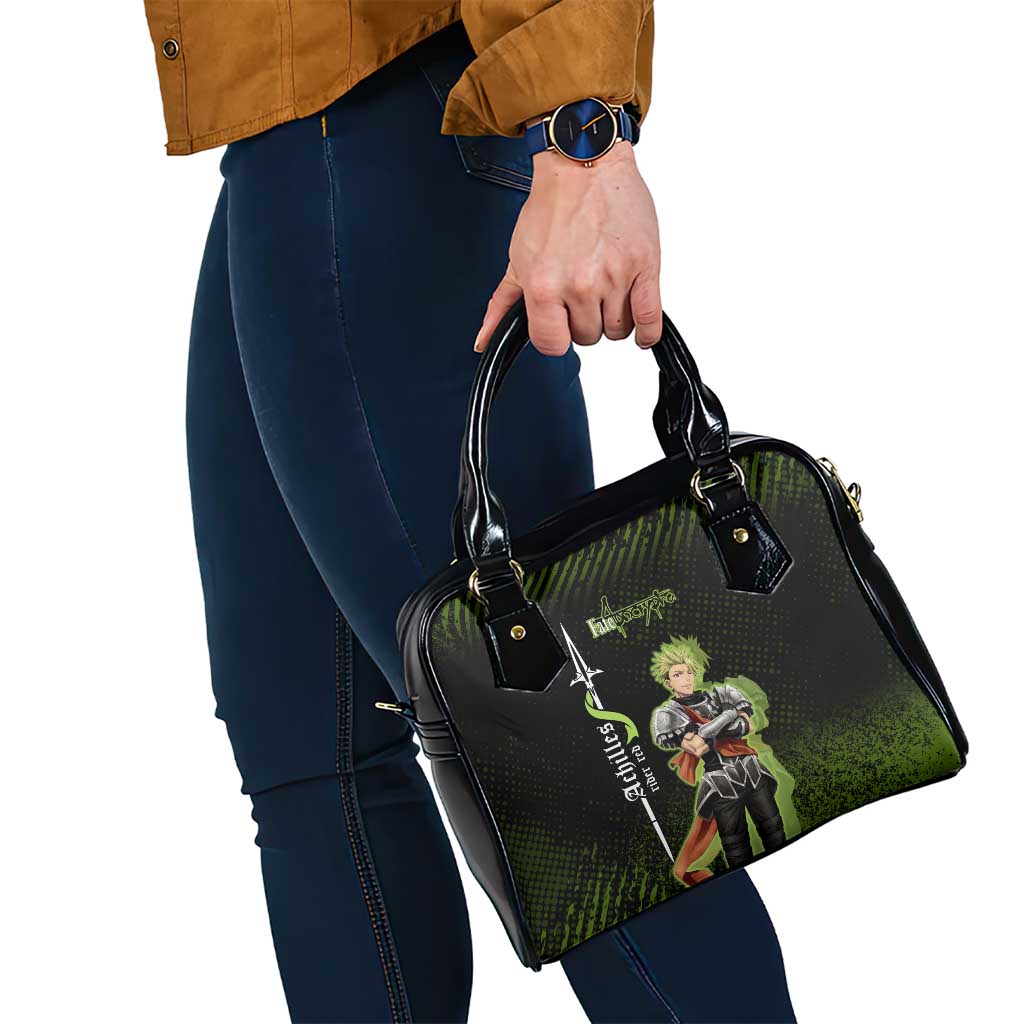 Achilles Fate Apocrypha Theme Shoulder Handbag with Spear Pose and Green Black Grunge Graphic Design - The Mazicc