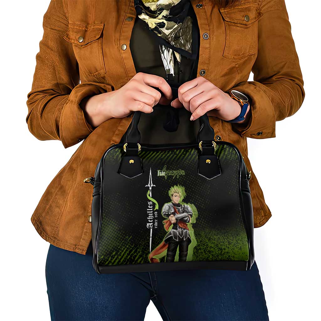 Achilles Fate Apocrypha Theme Shoulder Handbag with Spear Pose and Green Black Grunge Graphic Design - The Mazicc