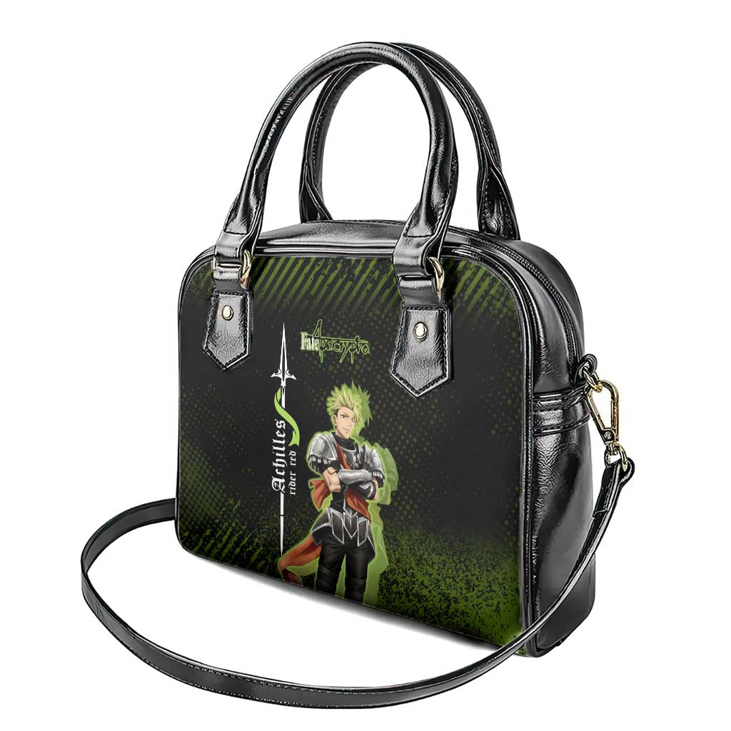Achilles Fate Apocrypha Theme Shoulder Handbag with Spear Pose and Green Black Grunge Graphic Design - The Mazicc