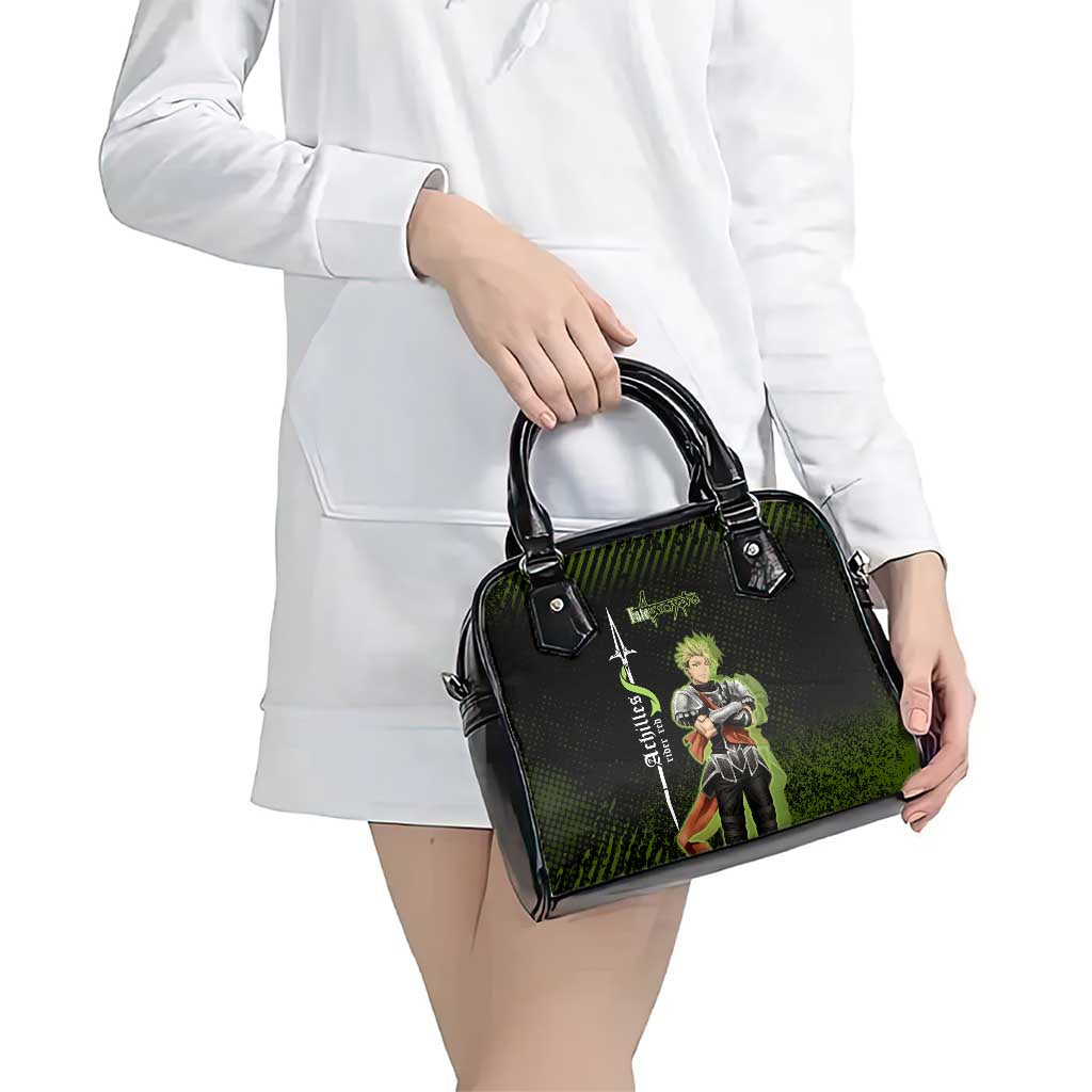 Achilles Fate Apocrypha Theme Shoulder Handbag with Spear Pose and Green Black Grunge Graphic Design - The Mazicc