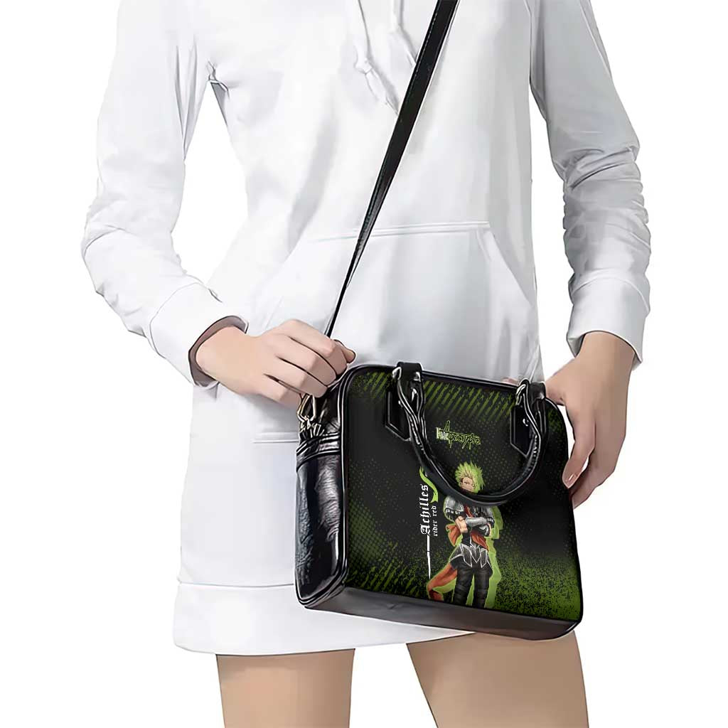 Achilles Fate Apocrypha Theme Shoulder Handbag with Spear Pose and Green Black Grunge Graphic Design - The Mazicc