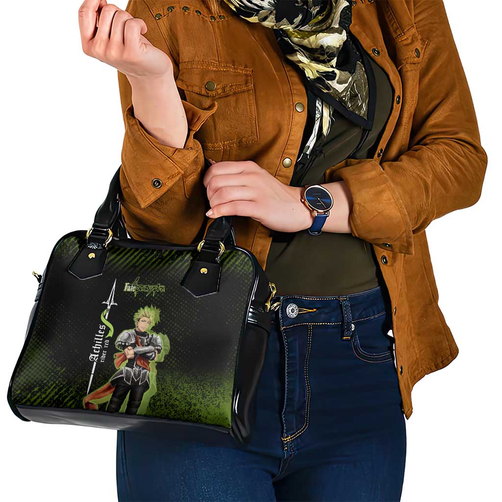 Achilles Fate Apocrypha Theme Shoulder Handbag with Spear Pose and Green Black Grunge Graphic Design - The Mazicc