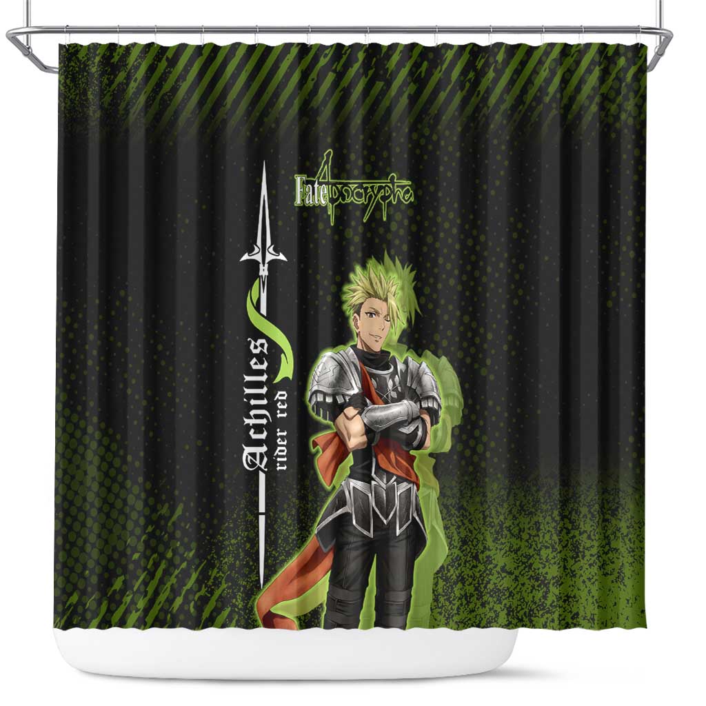 Achilles Fate Apocrypha Theme Shower Curtain with Spear Pose and Green Black Grunge Graphic Design - The Mazicc