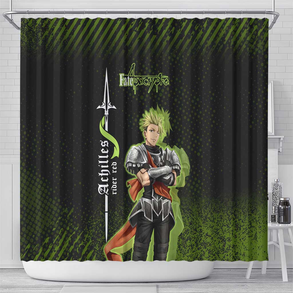 Achilles Fate Apocrypha Theme Shower Curtain with Spear Pose and Green Black Grunge Graphic Design - The Mazicc