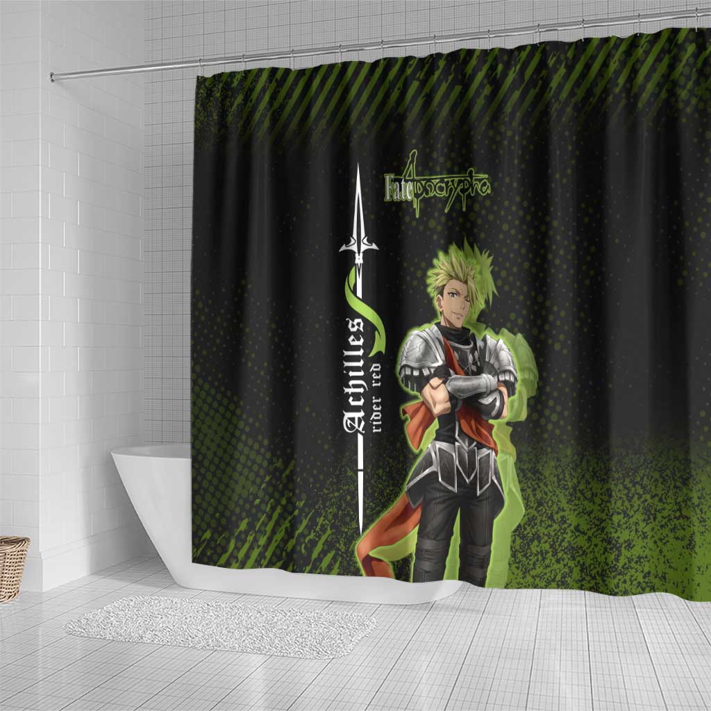 Achilles Fate Apocrypha Theme Shower Curtain with Spear Pose and Green Black Grunge Graphic Design - The Mazicc