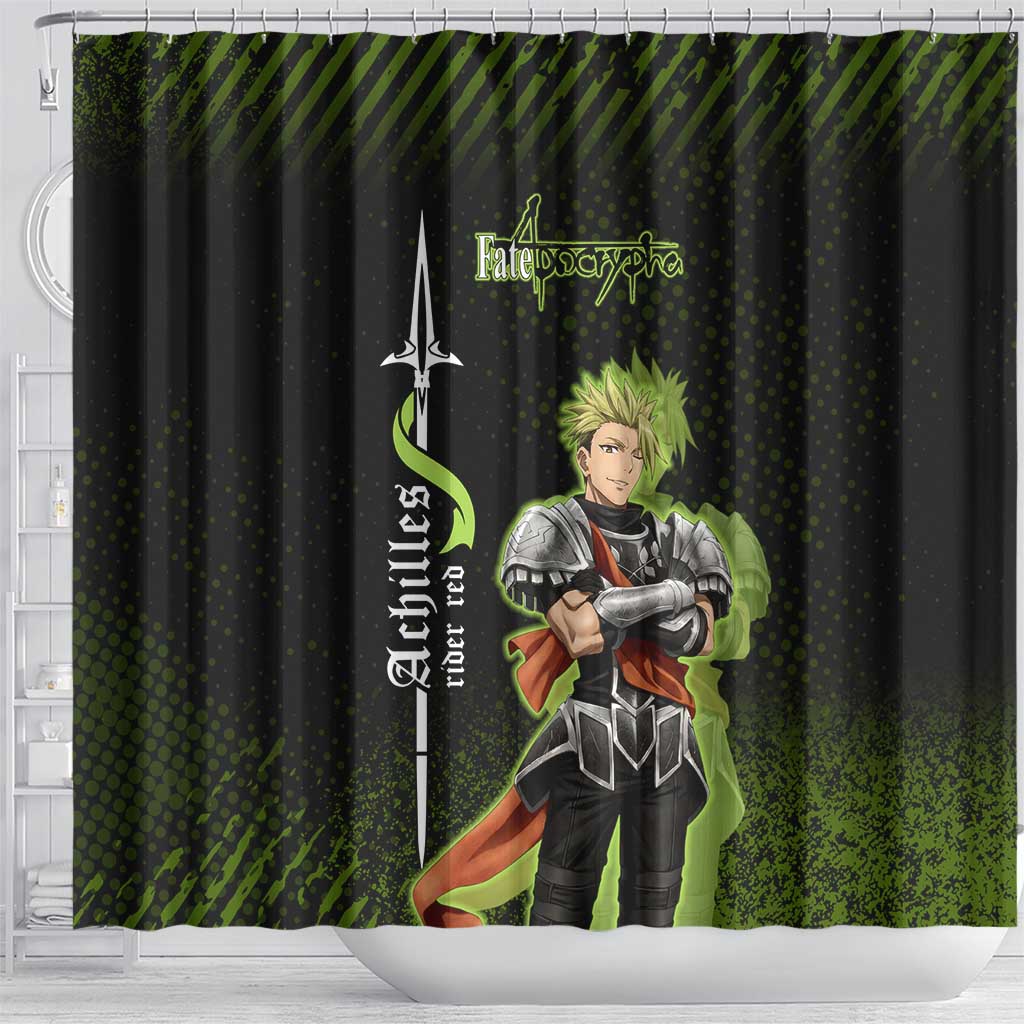 Achilles Fate Apocrypha Theme Shower Curtain with Spear Pose and Green Black Grunge Graphic Design - The Mazicc