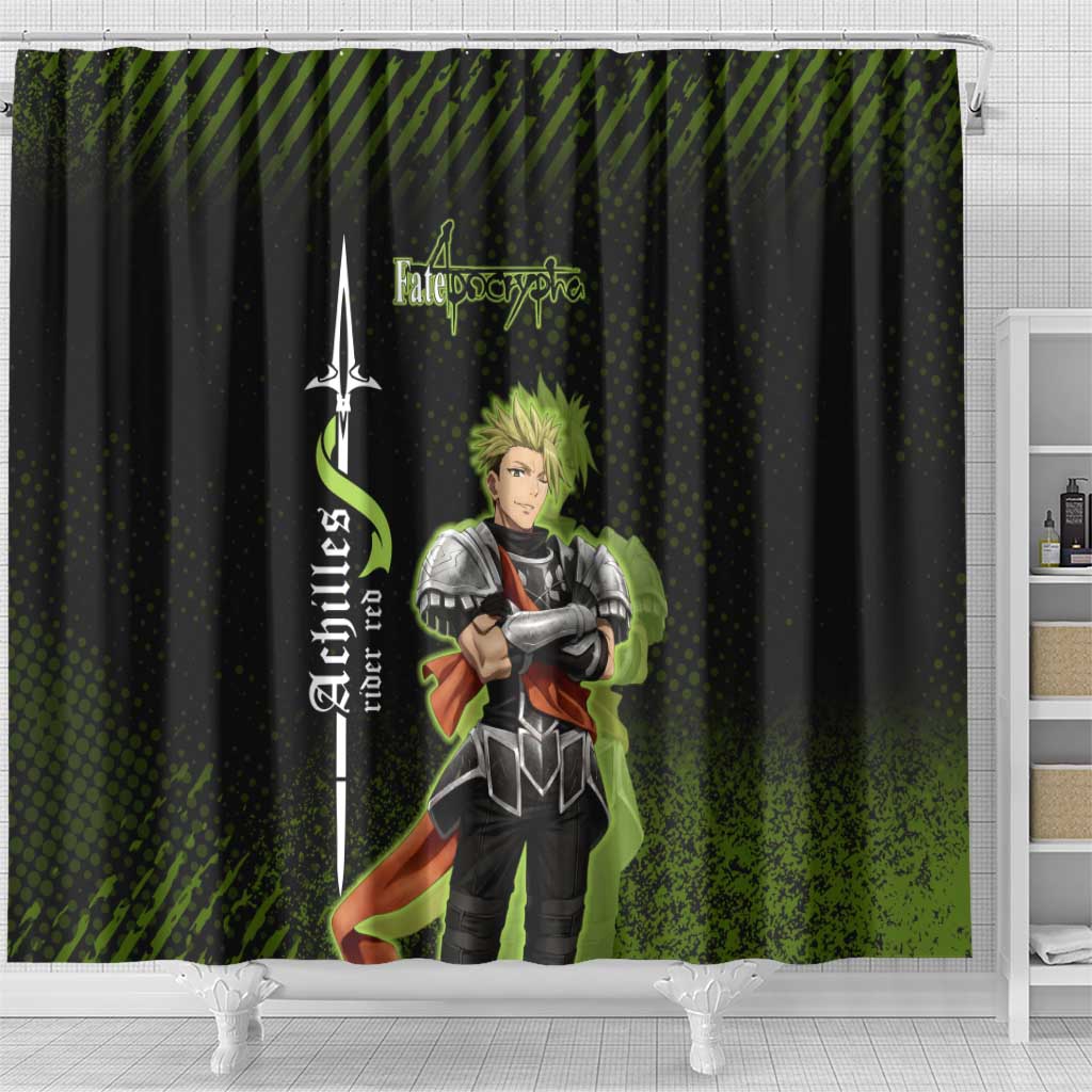 Achilles Fate Apocrypha Theme Shower Curtain with Spear Pose and Green Black Grunge Graphic Design - The Mazicc