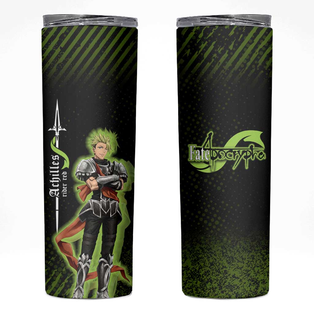 Achilles Fate Apocrypha Theme Skinny Tumbler with Spear Pose and Green Black Grunge Graphic Design - The Mazicc