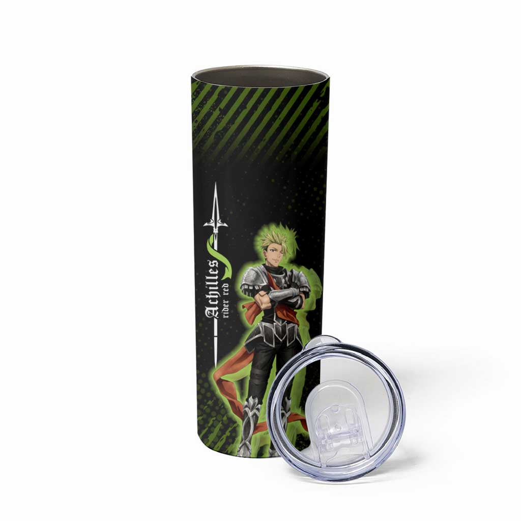 Achilles Fate Apocrypha Theme Skinny Tumbler with Spear Pose and Green Black Grunge Graphic Design - The Mazicc