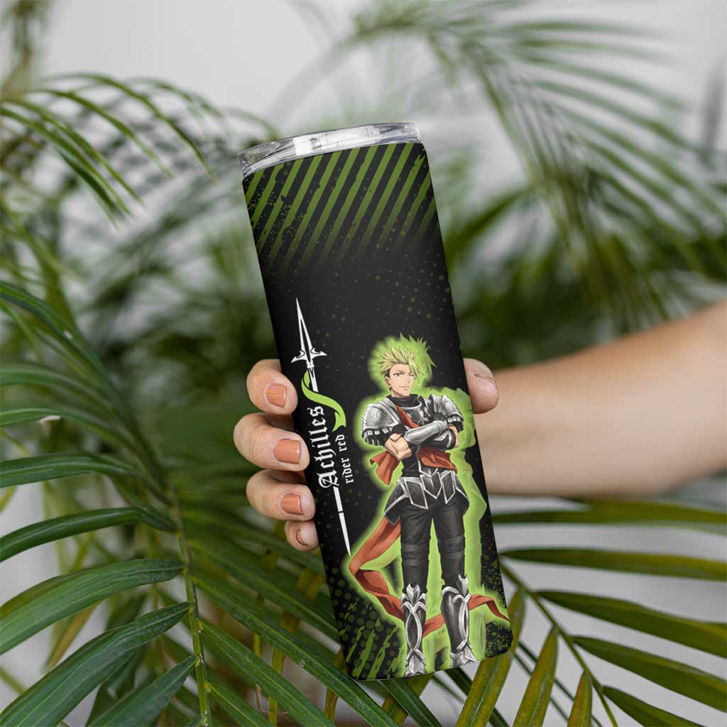 Achilles Fate Apocrypha Theme Skinny Tumbler with Spear Pose and Green Black Grunge Graphic Design - The Mazicc
