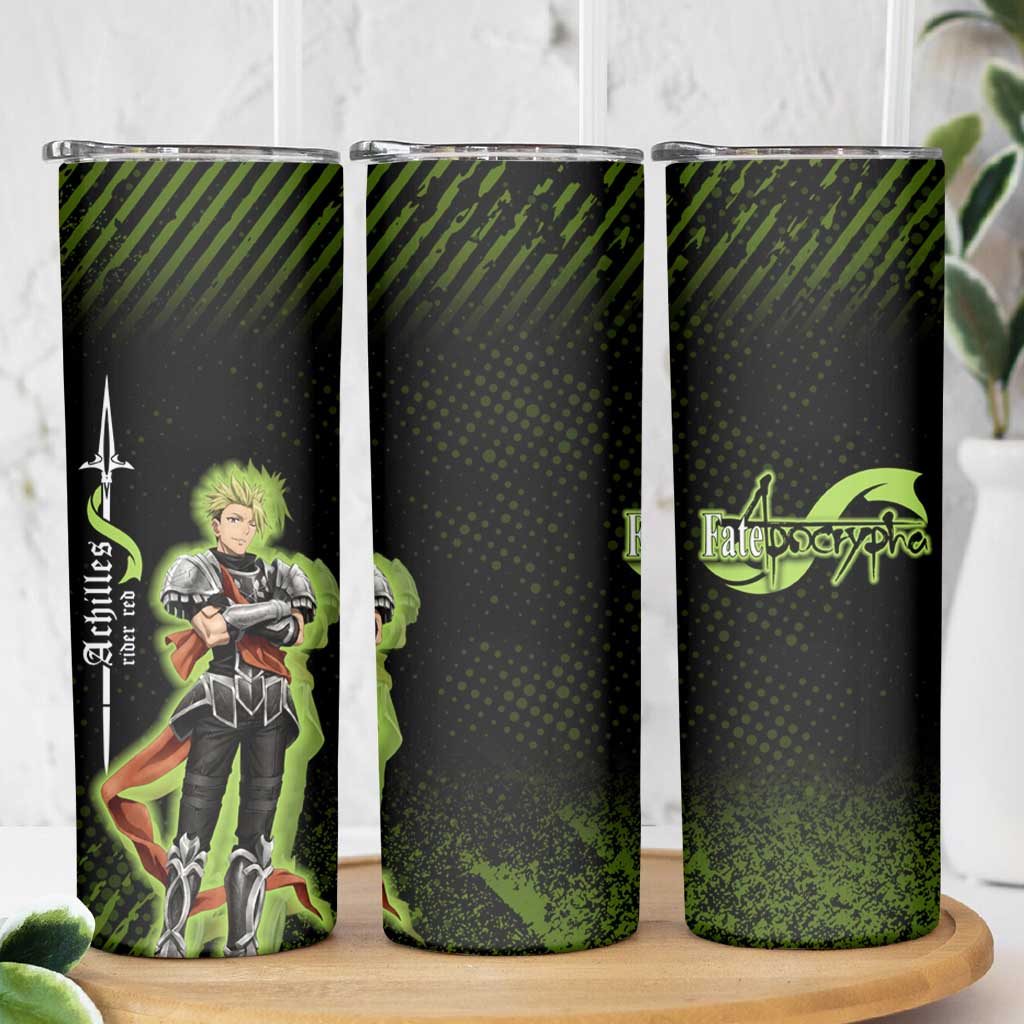 Achilles Fate Apocrypha Theme Skinny Tumbler with Spear Pose and Green Black Grunge Graphic Design - The Mazicc