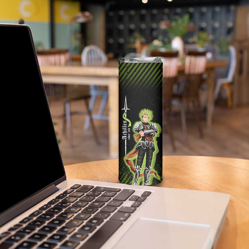 Achilles Fate Apocrypha Theme Skinny Tumbler with Spear Pose and Green Black Grunge Graphic Design - The Mazicc