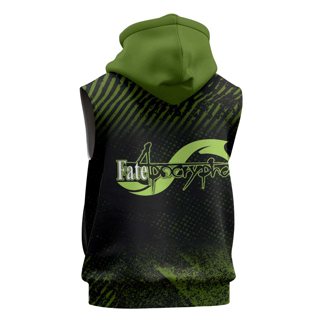 Achilles Fate Apocrypha Theme Sleeveless Hoodie with Spear Pose and Green Black Grunge Graphic Design - The Mazicc