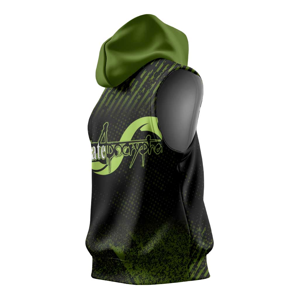 Achilles Fate Apocrypha Theme Sleeveless Hoodie with Spear Pose and Green Black Grunge Graphic Design - The Mazicc