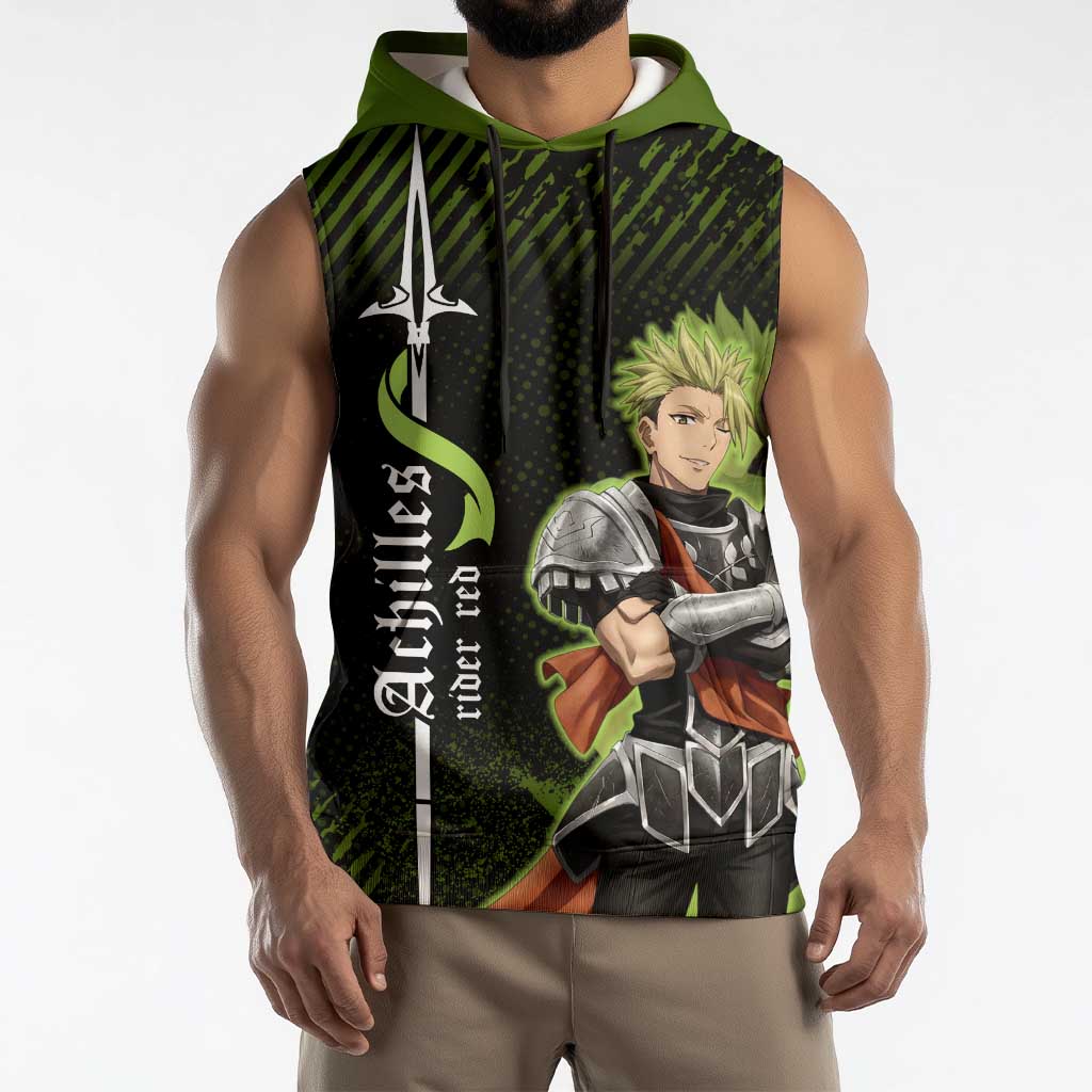 Achilles Fate Apocrypha Theme Sleeveless Hoodie with Spear Pose and Green Black Grunge Graphic Design - The Mazicc