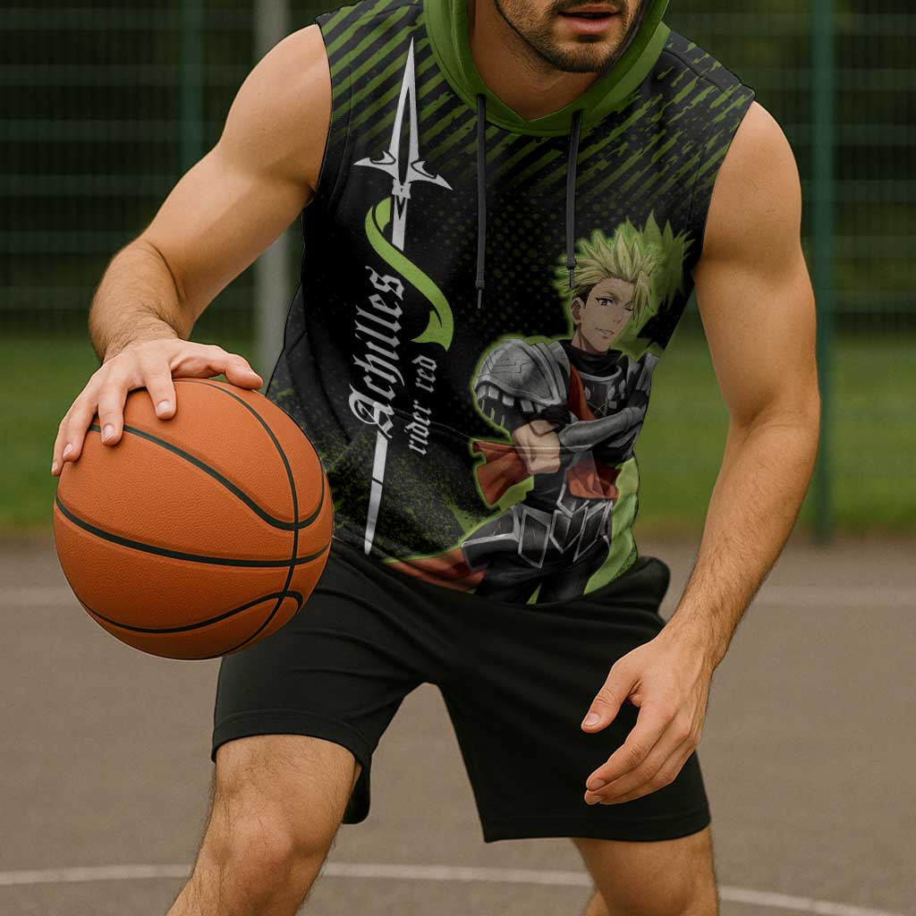 Achilles Fate Apocrypha Theme Sleeveless Hoodie with Spear Pose and Green Black Grunge Graphic Design - The Mazicc