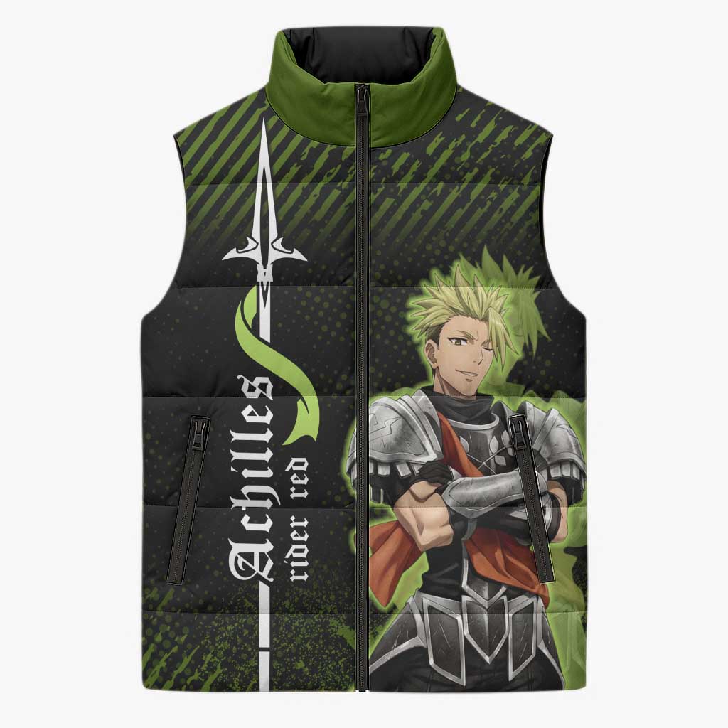 Achilles Fate Apocrypha Theme Sleeveless Puffer Jacket with Spear Pose and Green Black Grunge Graphic Design - The Mazicc