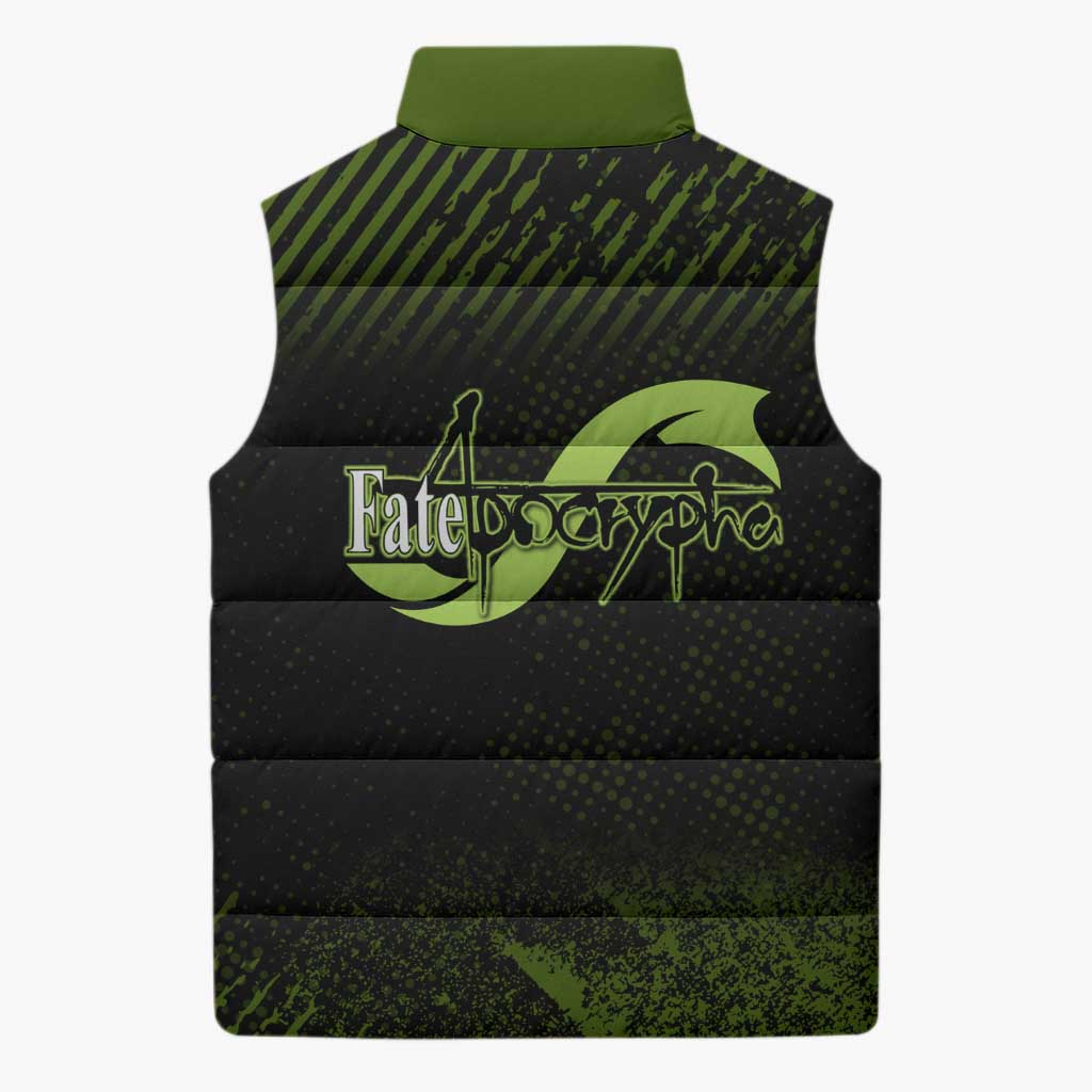Achilles Fate Apocrypha Theme Sleeveless Puffer Jacket with Spear Pose and Green Black Grunge Graphic Design - The Mazicc