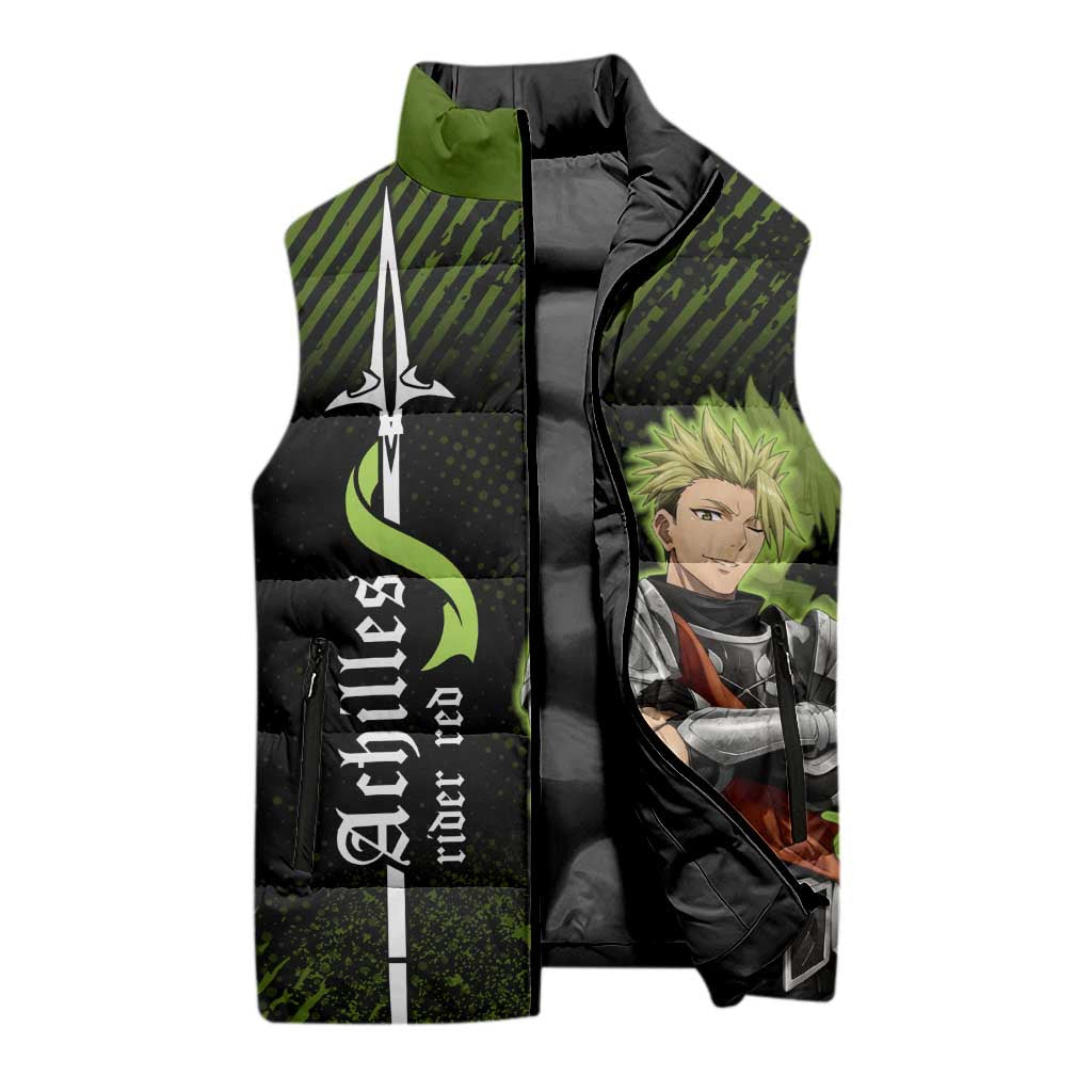 Achilles Fate Apocrypha Theme Sleeveless Puffer Jacket with Spear Pose and Green Black Grunge Graphic Design - The Mazicc