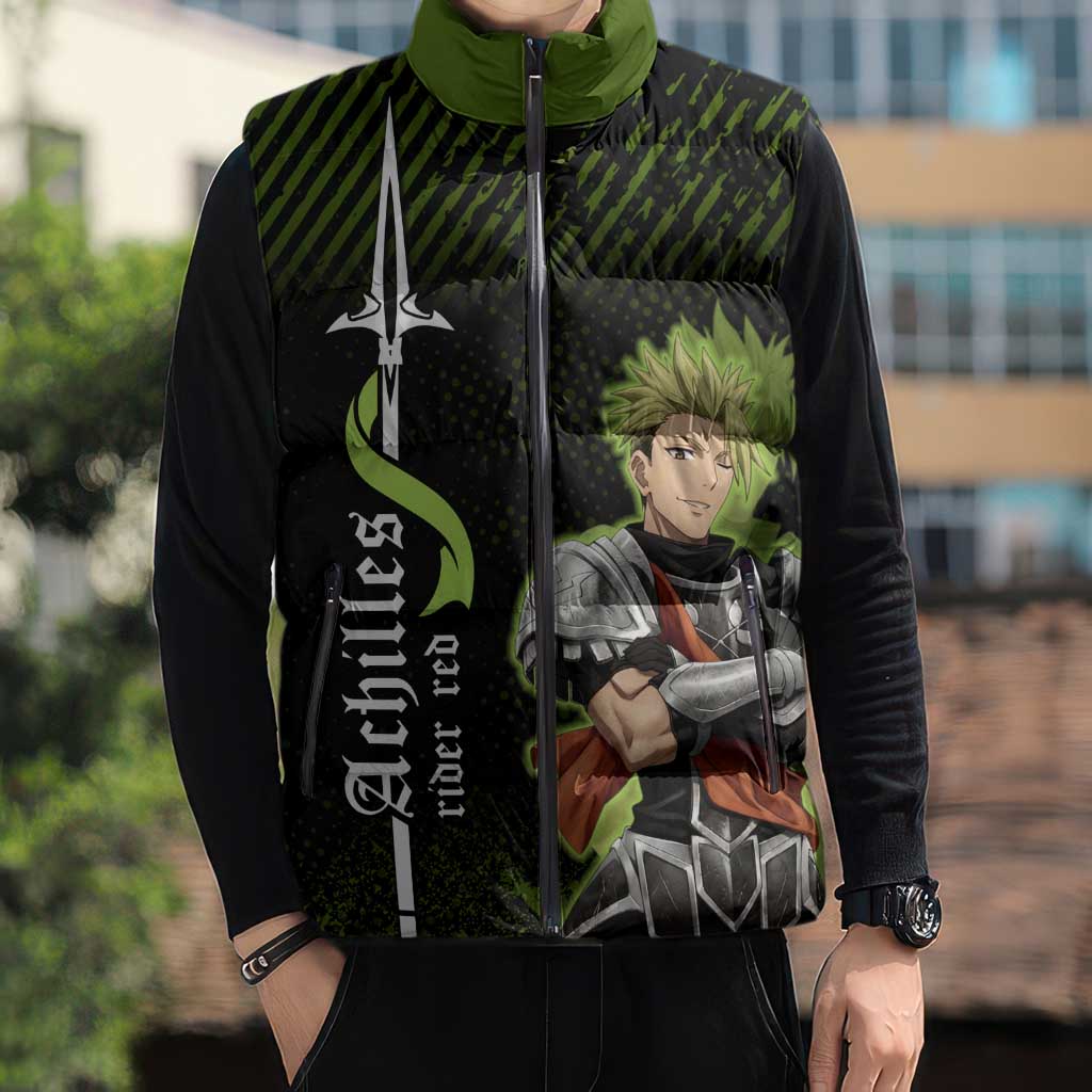 Achilles Fate Apocrypha Theme Sleeveless Puffer Jacket with Spear Pose and Green Black Grunge Graphic Design - The Mazicc