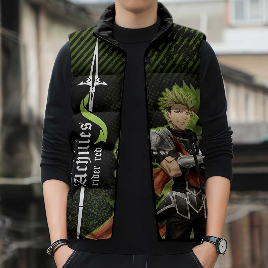 Achilles Fate Apocrypha Theme Sleeveless Puffer Jacket with Spear Pose and Green Black Grunge Graphic Design - The Mazicc