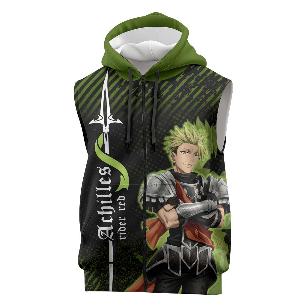 Achilles Fate Apocrypha Theme Sleeveless Zip Hoodie with Spear Pose and Green Black Grunge Graphic Design - The Mazicc