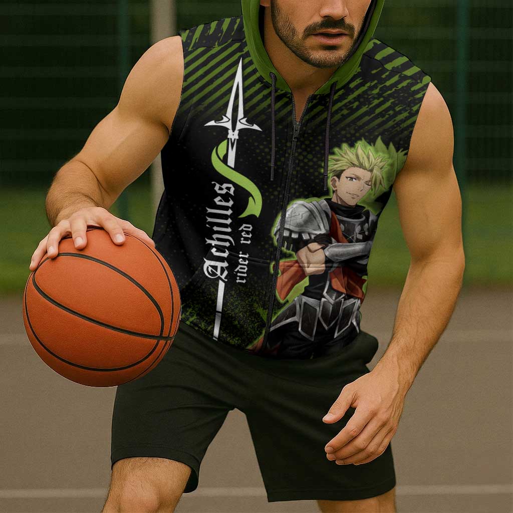 Achilles Fate Apocrypha Theme Sleeveless Zip Hoodie with Spear Pose and Green Black Grunge Graphic Design - The Mazicc