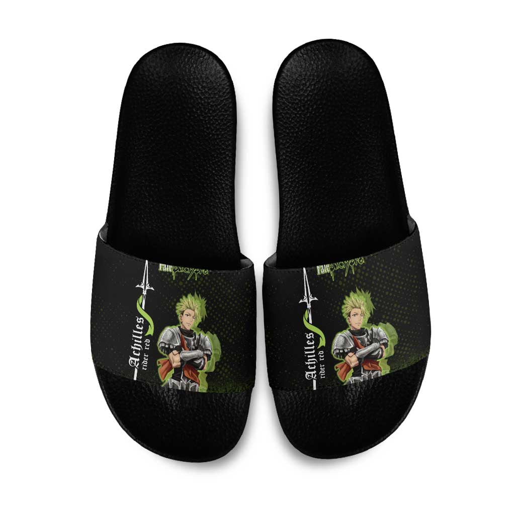 Achilles Fate Apocrypha Theme Slide Sandals with Spear Pose and Green Black Grunge Graphic Design - The Mazicc