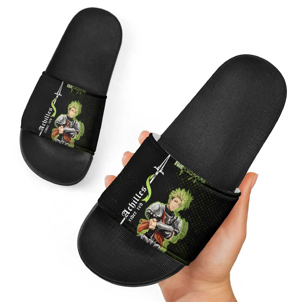 Achilles Fate Apocrypha Theme Slide Sandals with Spear Pose and Green Black Grunge Graphic Design - The Mazicc
