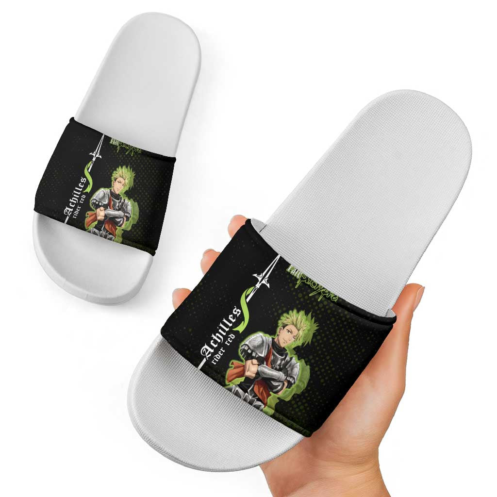 Achilles Fate Apocrypha Theme Slide Sandals with Spear Pose and Green Black Grunge Graphic Design - The Mazicc