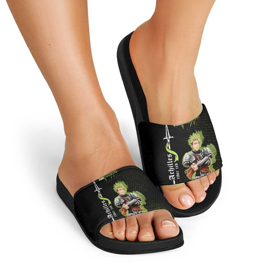 Achilles Fate Apocrypha Theme Slide Sandals with Spear Pose and Green Black Grunge Graphic Design - The Mazicc