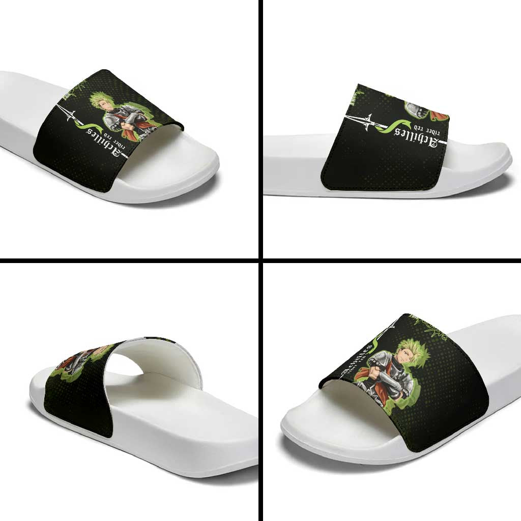 Achilles Fate Apocrypha Theme Slide Sandals with Spear Pose and Green Black Grunge Graphic Design - The Mazicc