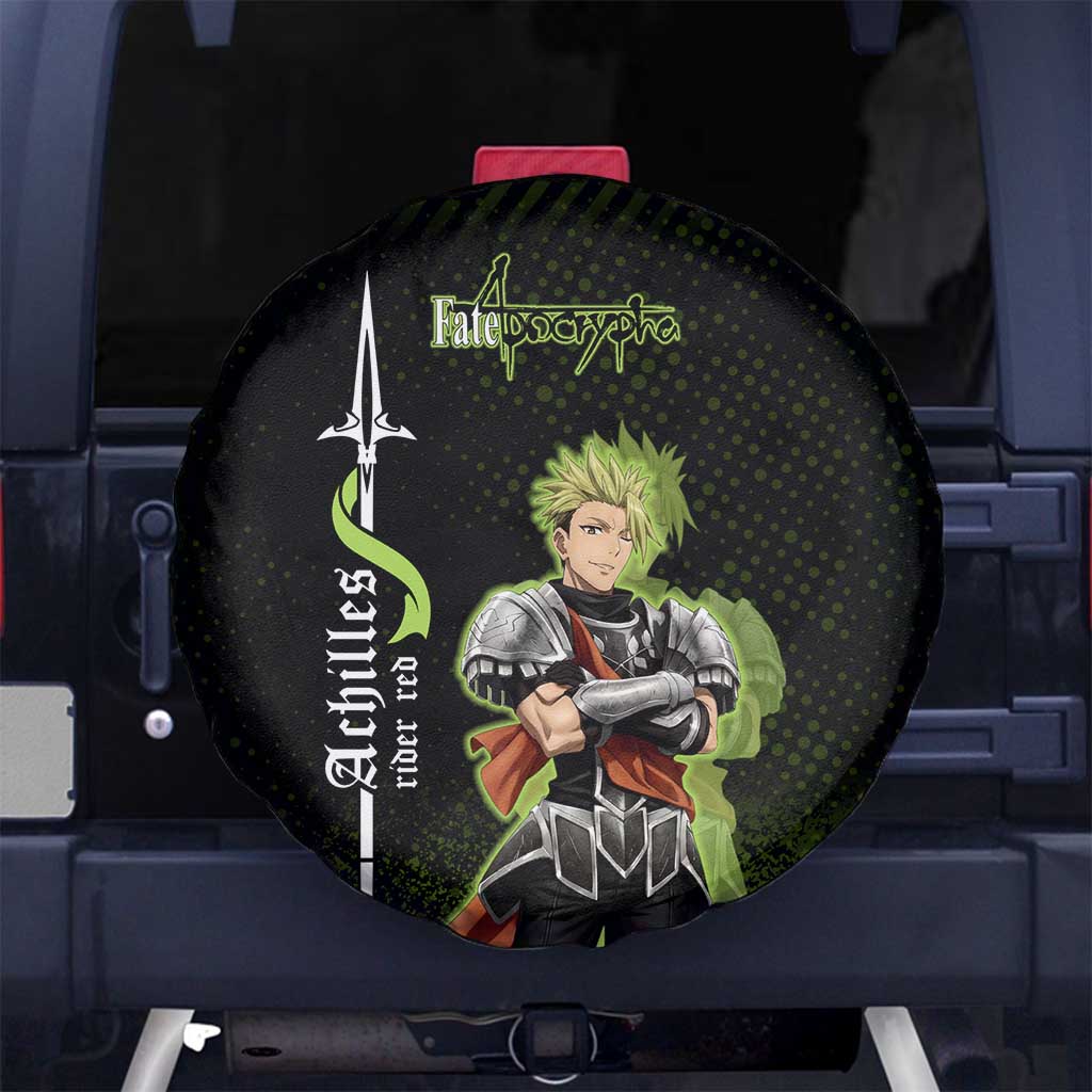 Achilles Fate Apocrypha Theme Spare Tire Cover with Spear Pose and Green Black Grunge Graphic Design - The Mazicc